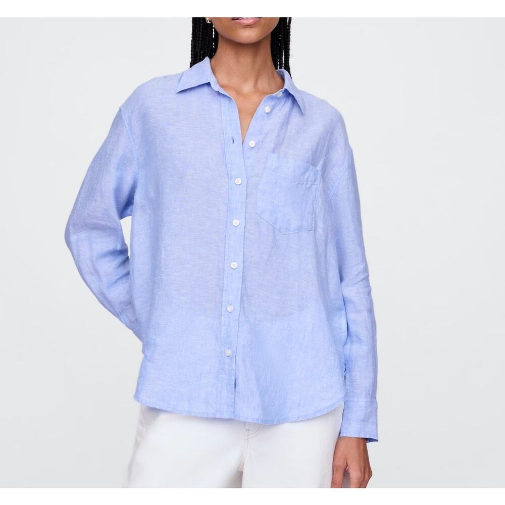 GAP 100% Linen Oversized Boyfriend Shirt L Blue Casual Preppy Beachy Classic